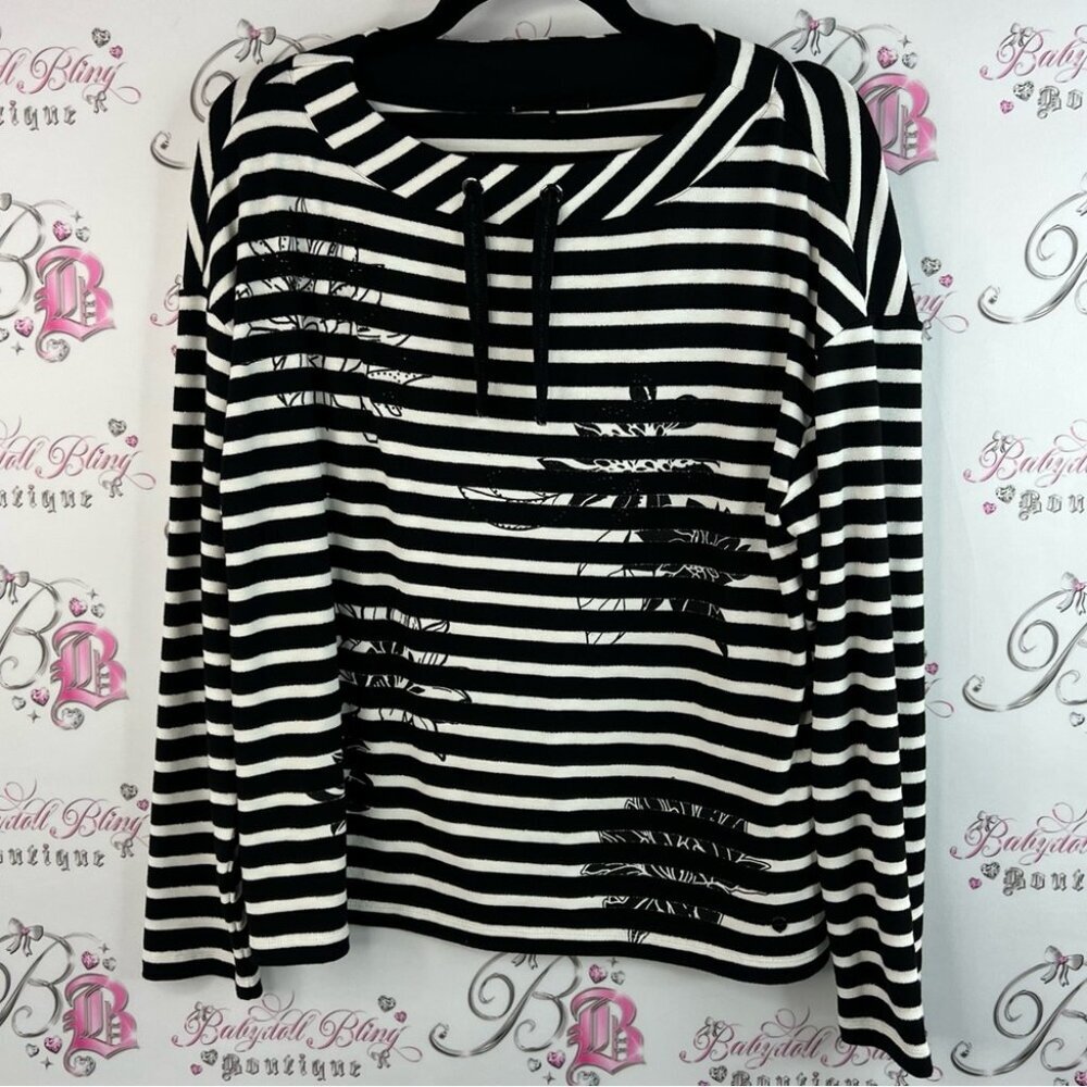 Cora jersey relaxed fit sweater Striped Black and White Women's Top rhinestone
